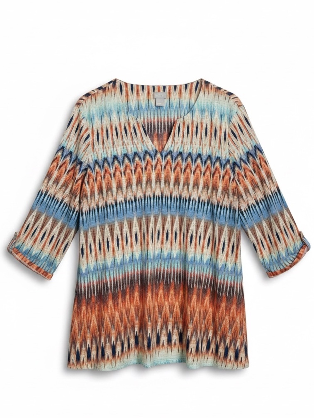 Chico's Multicolor Abstract Print Knit Tunic Top 100% Linen Boho Size Large